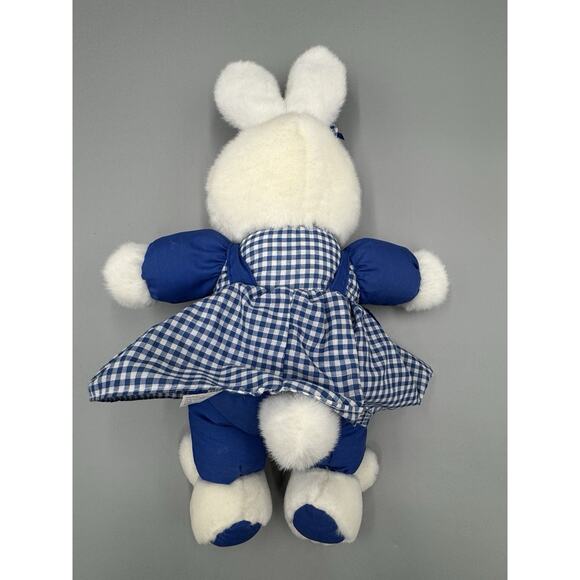 White & Blue Rabbit Plush 12” Stuffed Animal In Checkered Dress & Bunny Slippers - Picture 4 of 7